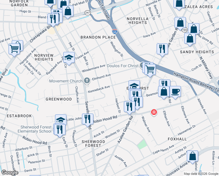 map of restaurants, bars, coffee shops, grocery stores, and more near 3143 Herbert Street in Norfolk