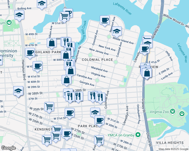 map of restaurants, bars, coffee shops, grocery stores, and more near 4105 Newport Avenue in Norfolk