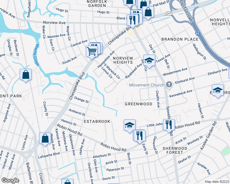 map of restaurants, bars, coffee shops, grocery stores, and more near 4553 Bankhead Ave in Norfolk