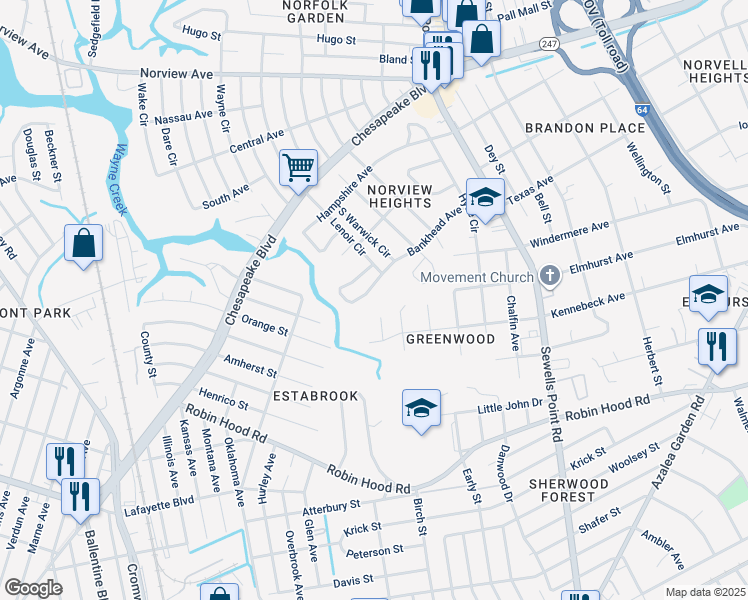map of restaurants, bars, coffee shops, grocery stores, and more near 4553 Bankhead Avenue in Norfolk