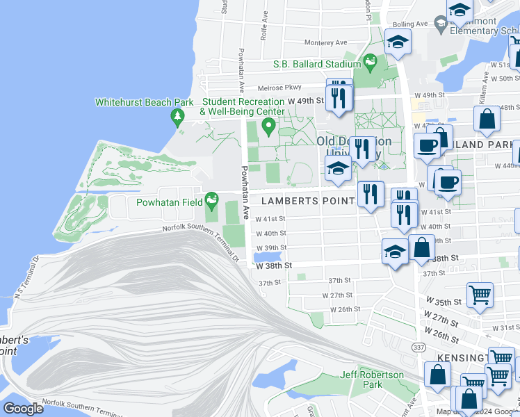 map of restaurants, bars, coffee shops, grocery stores, and more near 1545 West 42nd Street in Norfolk