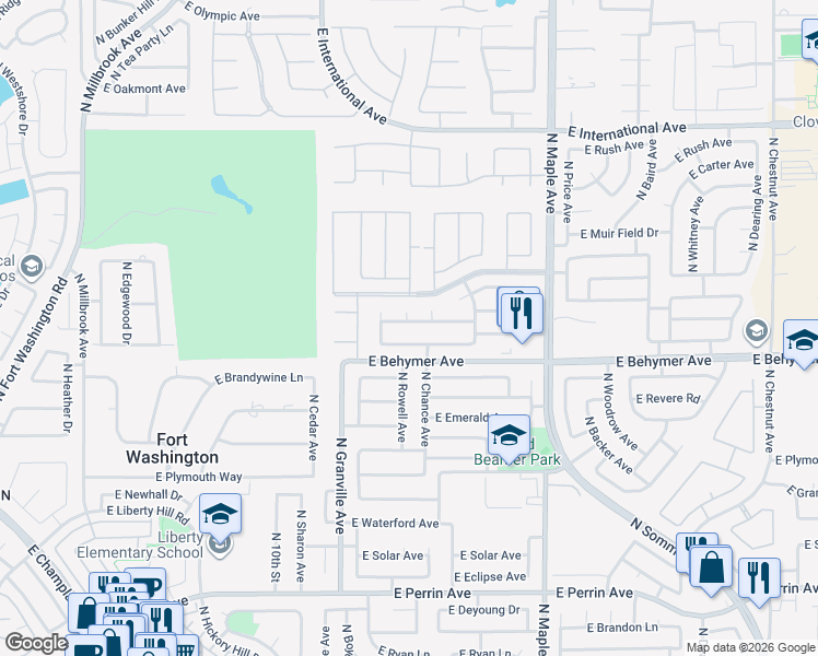 map of restaurants, bars, coffee shops, grocery stores, and more near 1640 East La Quinta Drive in Fresno