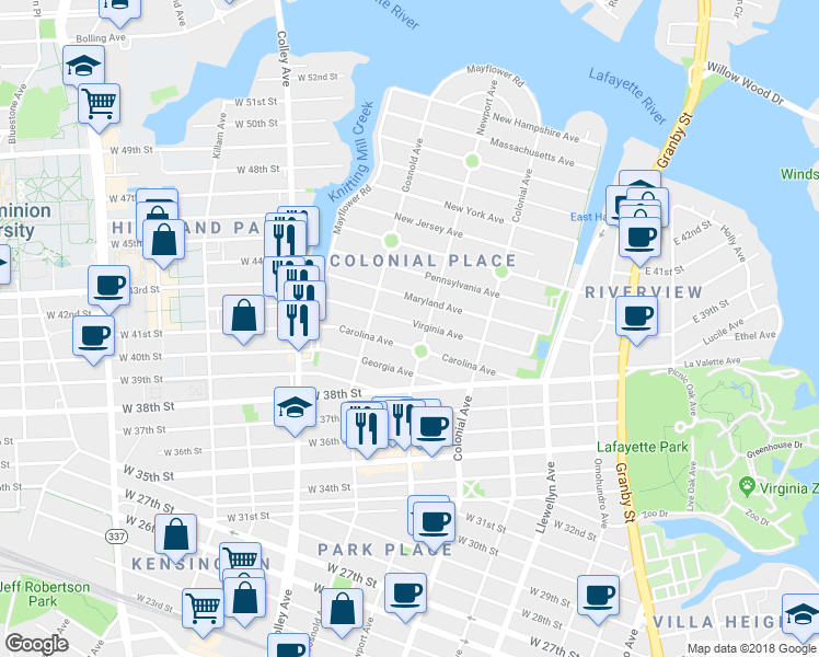 map of restaurants, bars, coffee shops, grocery stores, and more near 4105 Newport Avenue in Norfolk