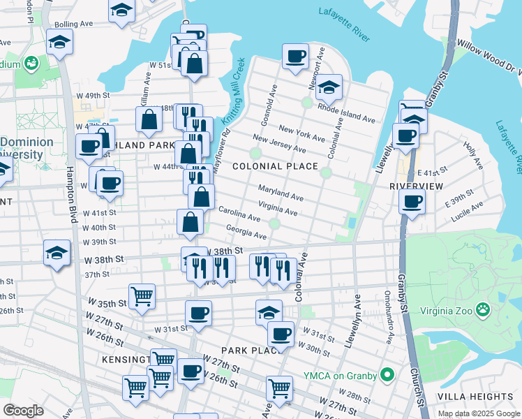 map of restaurants, bars, coffee shops, grocery stores, and more near 626 Carolina Avenue in Norfolk