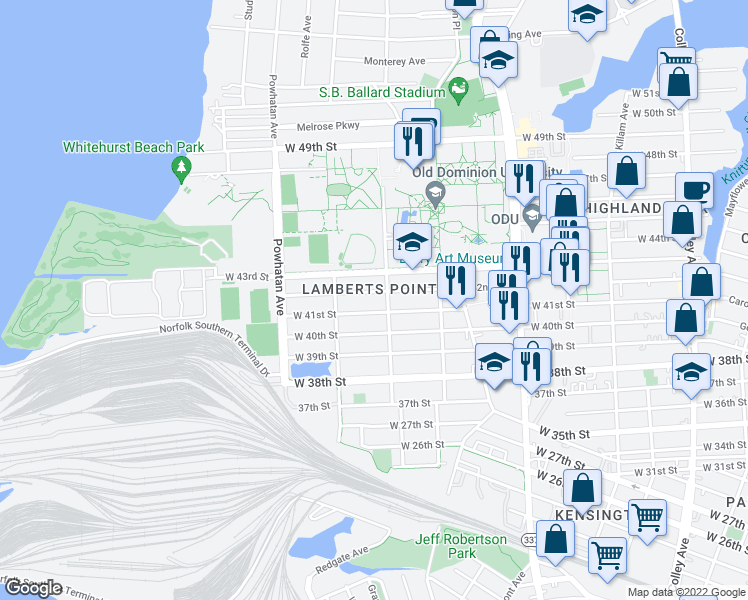 map of restaurants, bars, coffee shops, grocery stores, and more near in Norfolk