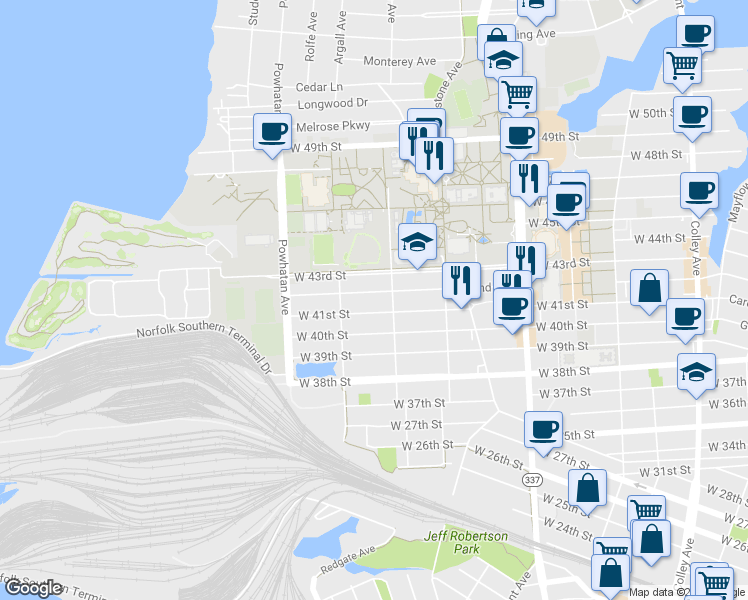 map of restaurants, bars, coffee shops, grocery stores, and more near in Norfolk