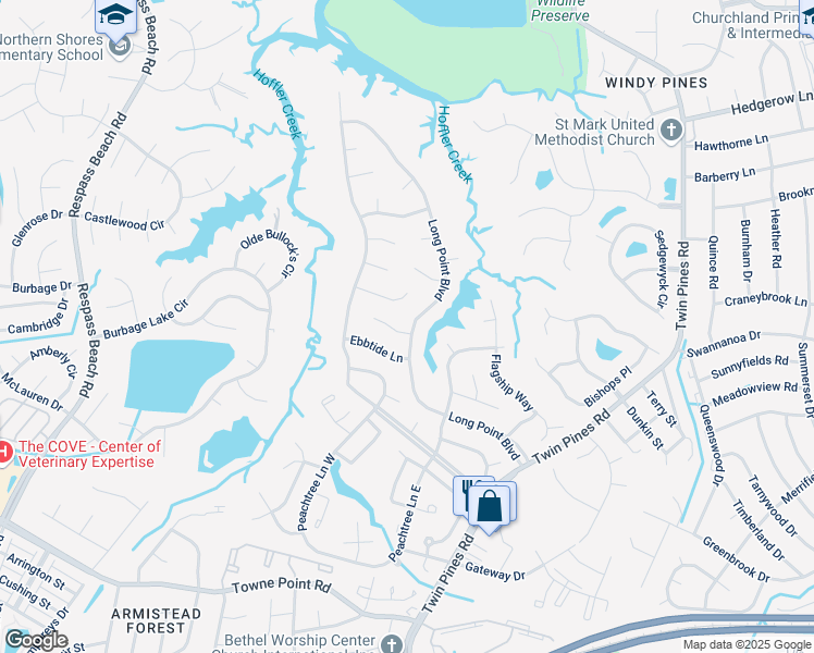 map of restaurants, bars, coffee shops, grocery stores, and more near 3947 Long Point Boulevard in Portsmouth