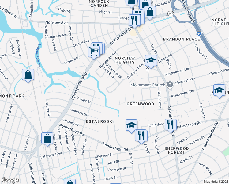map of restaurants, bars, coffee shops, grocery stores, and more near 4541 Bankhead Avenue in Norfolk