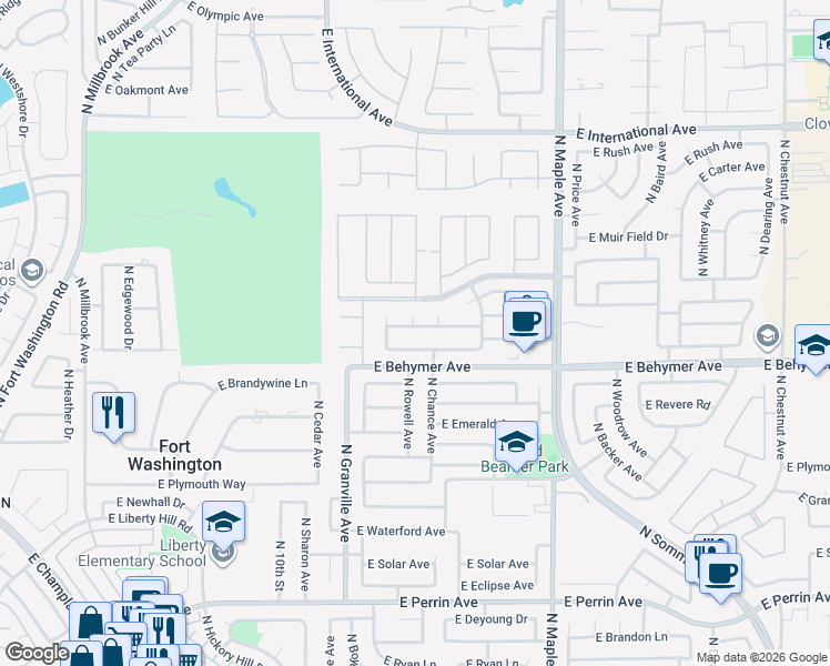 map of restaurants, bars, coffee shops, grocery stores, and more near 1640 East La Quinta Drive in Fresno