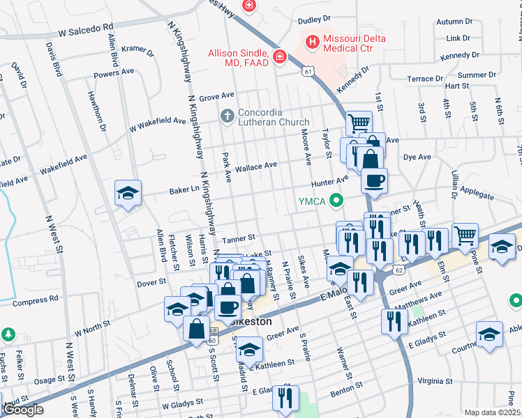 map of restaurants, bars, coffee shops, grocery stores, and more near 501 North Ranney Street in Sikeston