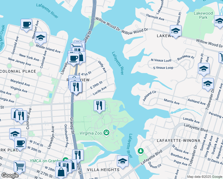 map of restaurants, bars, coffee shops, grocery stores, and more near 252 Ethel Avenue in Norfolk