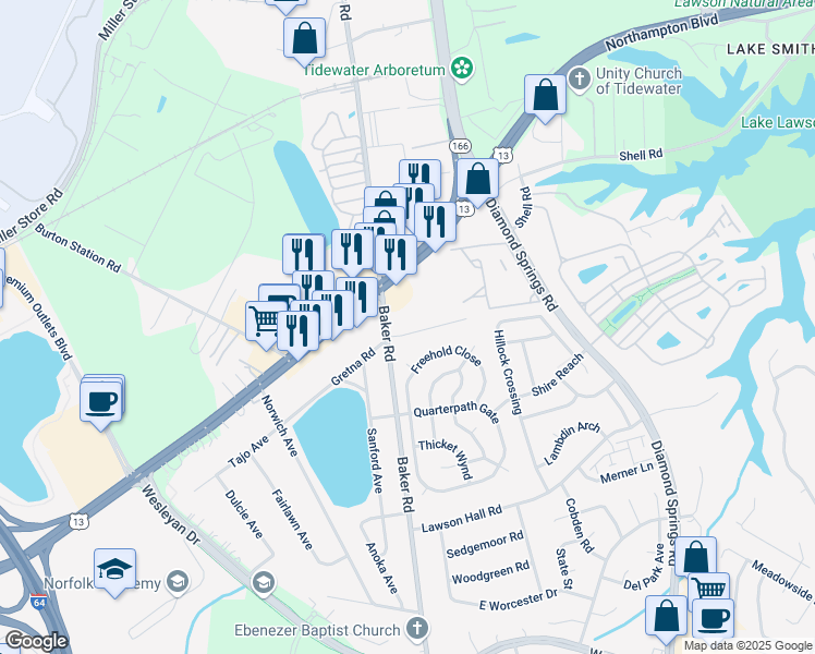 map of restaurants, bars, coffee shops, grocery stores, and more near 5633 Anthony Road in Virginia Beach