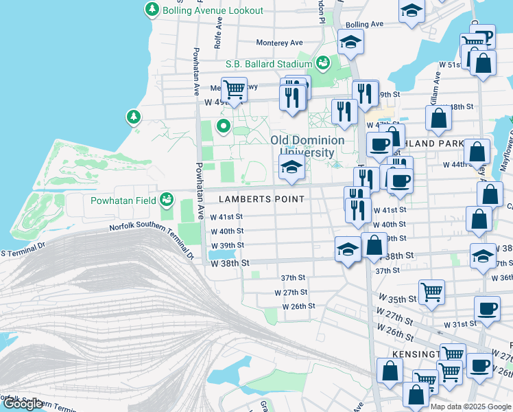 map of restaurants, bars, coffee shops, grocery stores, and more near 1425 West 42nd Street in Norfolk