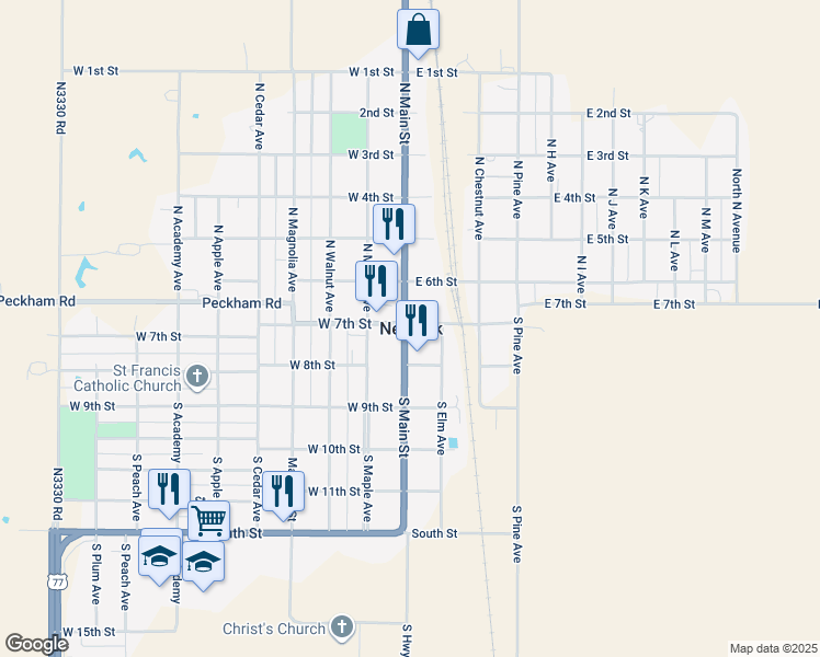 map of restaurants, bars, coffee shops, grocery stores, and more near in Newkirk