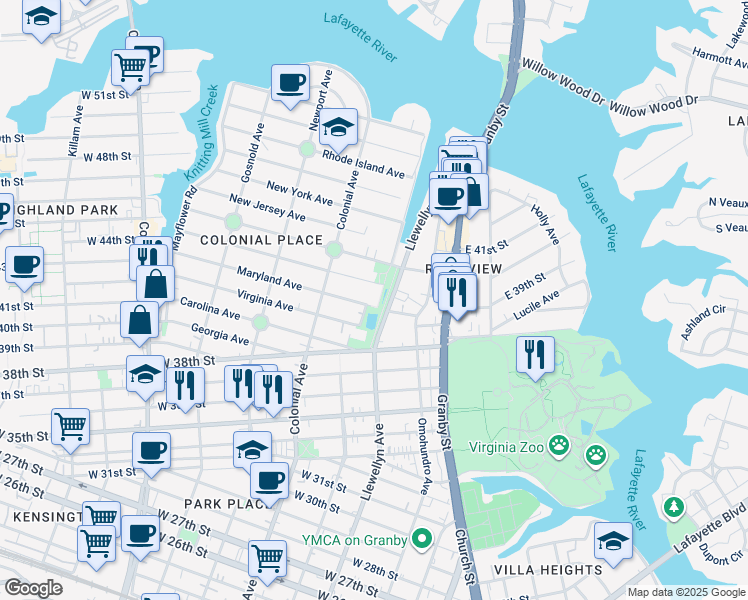 map of restaurants, bars, coffee shops, grocery stores, and more near 406 Maryland Avenue in Norfolk