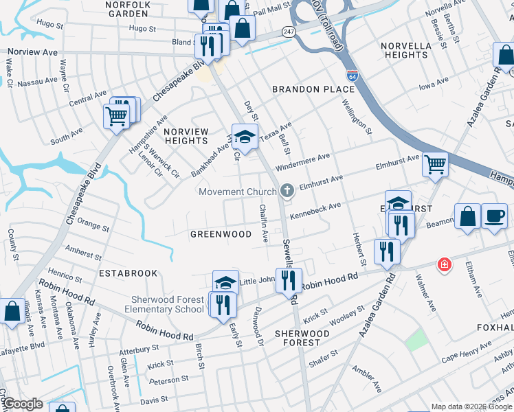 map of restaurants, bars, coffee shops, grocery stores, and more near 3216 Hyde Circle in Norfolk