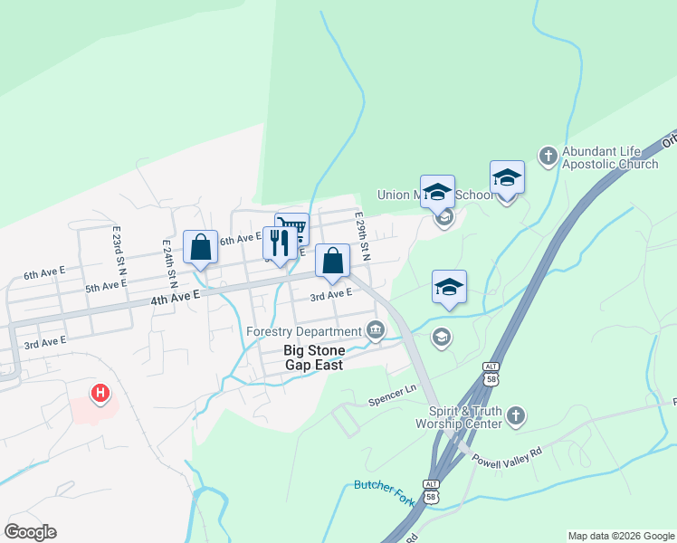 map of restaurants, bars, coffee shops, grocery stores, and more near 1 Powell Valley Road in Big Stone Gap
