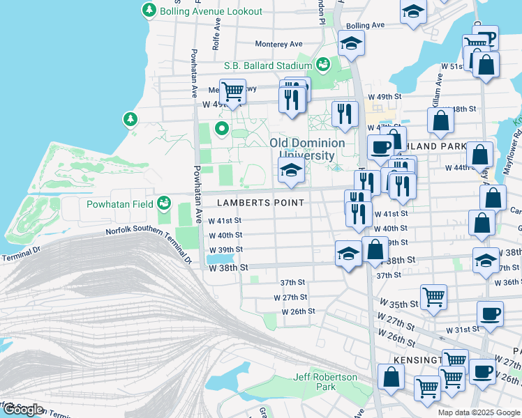 map of restaurants, bars, coffee shops, grocery stores, and more near 1413 West 42nd Street in Norfolk