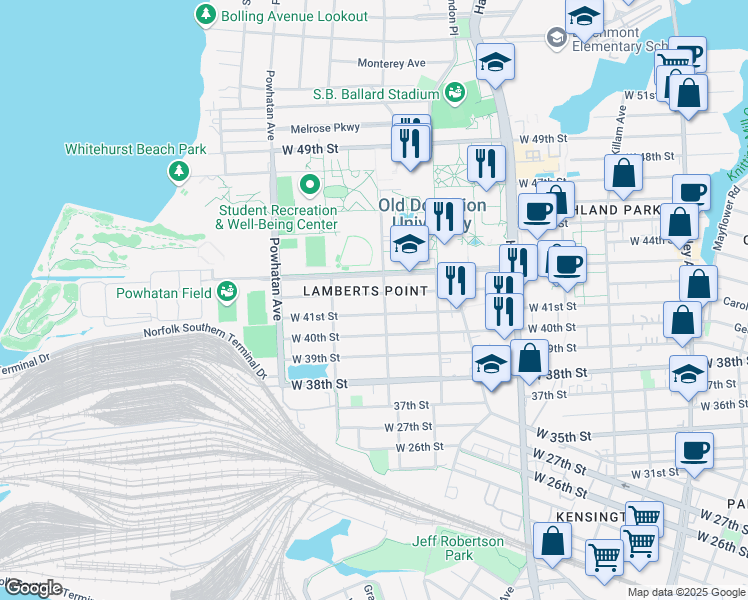 map of restaurants, bars, coffee shops, grocery stores, and more near 1407 West 42nd Street in Norfolk