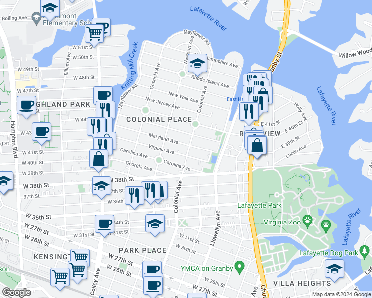 map of restaurants, bars, coffee shops, grocery stores, and more near 4211 Colonial Avenue in Norfolk