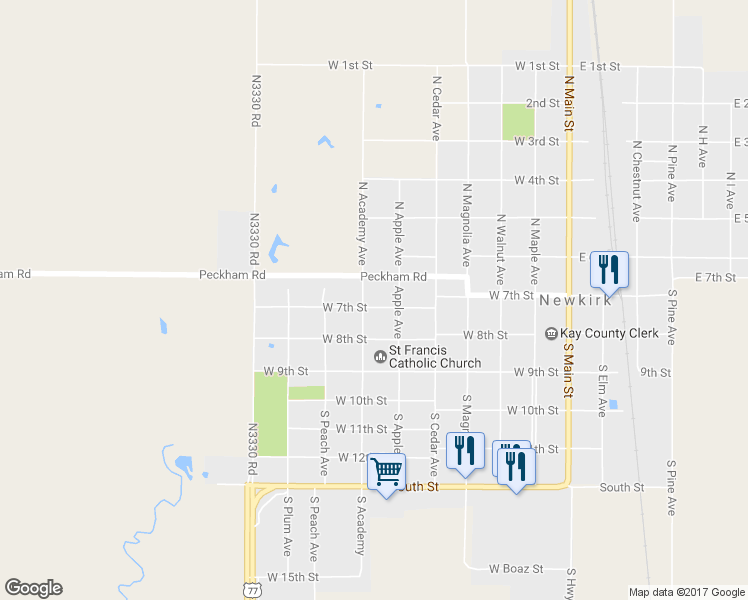 map of restaurants, bars, coffee shops, grocery stores, and more near 620 West 7th Street in Newkirk