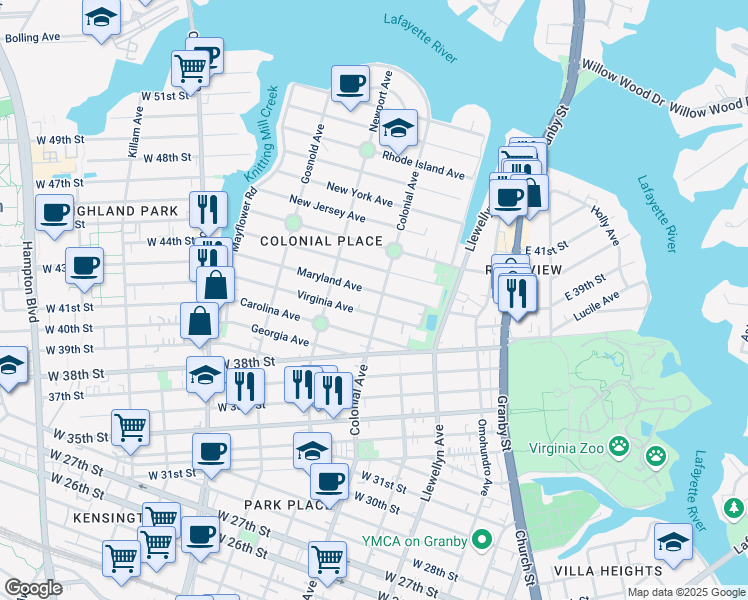 map of restaurants, bars, coffee shops, grocery stores, and more near 4211 Colonial Avenue in Norfolk