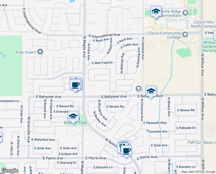 map of restaurants, bars, coffee shops, grocery stores, and more near 10030 North Baird Avenue in Fresno