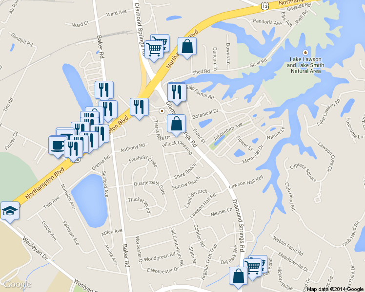 map of restaurants, bars, coffee shops, grocery stores, and more near 5522 Finespun Last in Virginia Beach