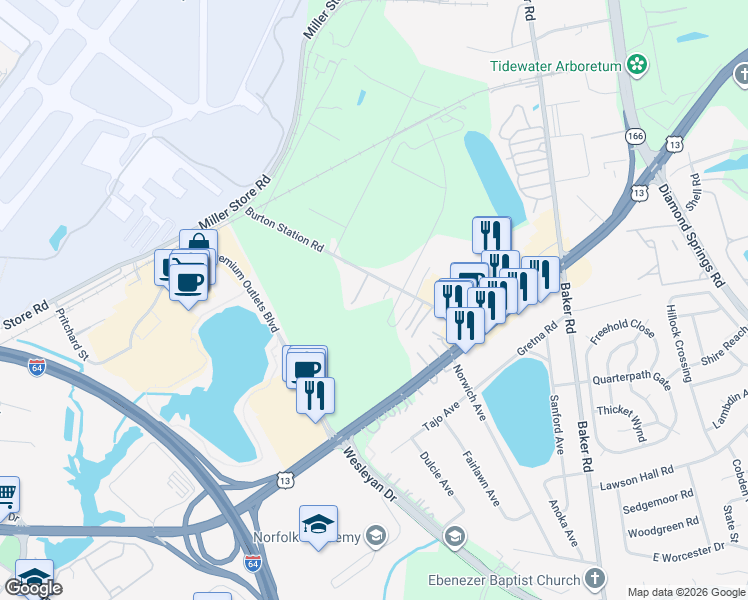 map of restaurants, bars, coffee shops, grocery stores, and more near 1020 Finney Circle in Virginia Beach