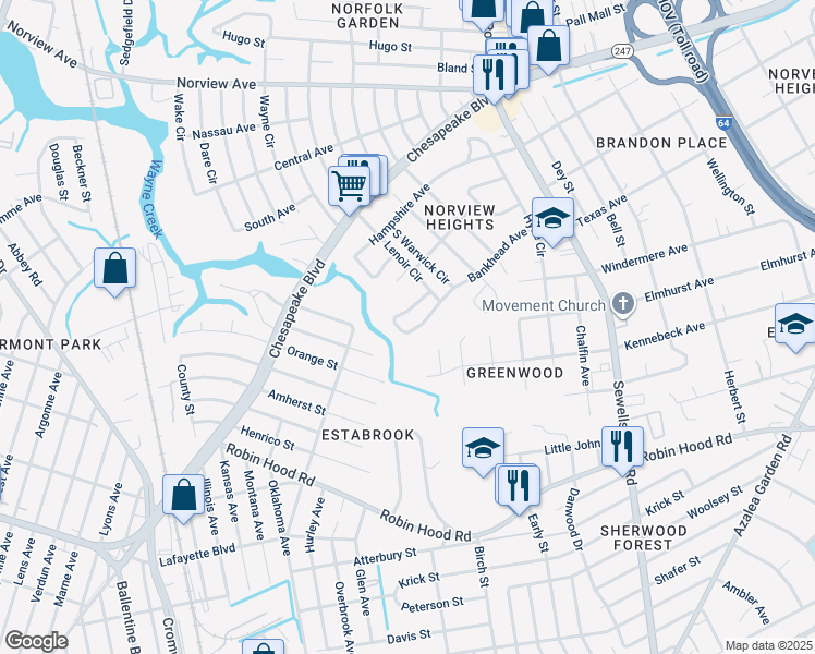 map of restaurants, bars, coffee shops, grocery stores, and more near 4541 Bankhead Avenue in Norfolk