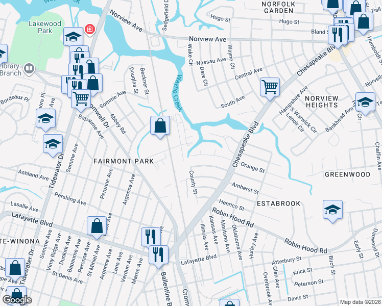 map of restaurants, bars, coffee shops, grocery stores, and more near 3501 Orange Street in Norfolk