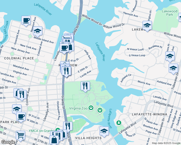 map of restaurants, bars, coffee shops, grocery stores, and more near 252 Ethel Avenue in Norfolk