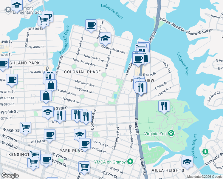 map of restaurants, bars, coffee shops, grocery stores, and more near 417 Maryland Avenue in Norfolk
