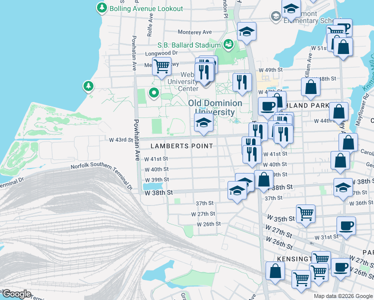 map of restaurants, bars, coffee shops, grocery stores, and more near in Norfolk