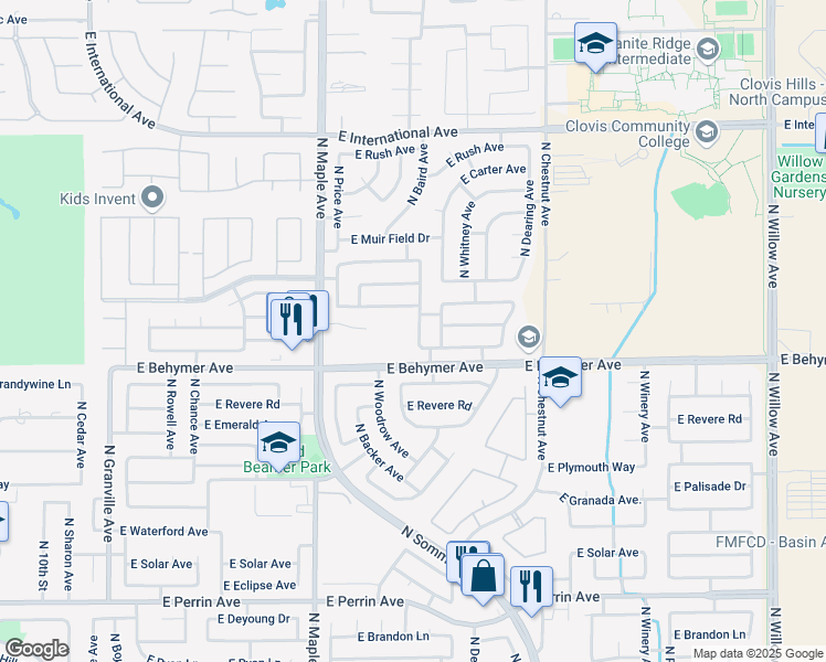 map of restaurants, bars, coffee shops, grocery stores, and more near 10030 North Baird Avenue in Fresno