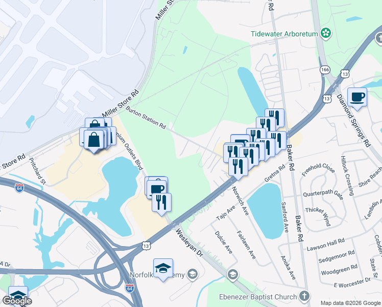 map of restaurants, bars, coffee shops, grocery stores, and more near 1020 Finney Circle in Virginia Beach