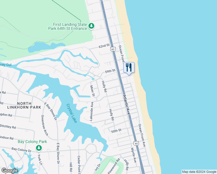 map of restaurants, bars, coffee shops, grocery stores, and more near 217 56th Street in Virginia Beach