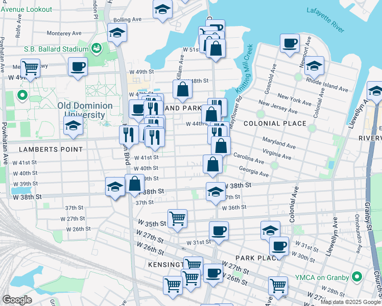map of restaurants, bars, coffee shops, grocery stores, and more near 859 West 41st Street in Norfolk