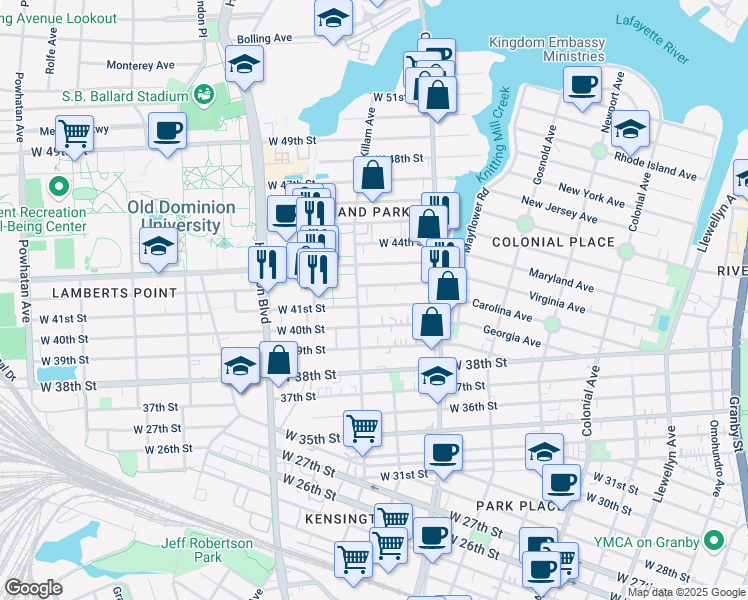 map of restaurants, bars, coffee shops, grocery stores, and more near 860 West 41st Street in Norfolk