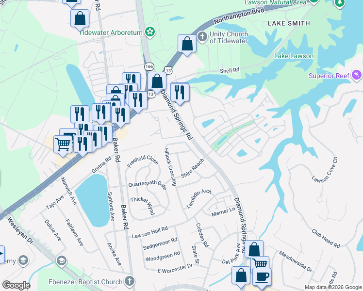 map of restaurants, bars, coffee shops, grocery stores, and more near 5522 Finespun Last in Virginia Beach