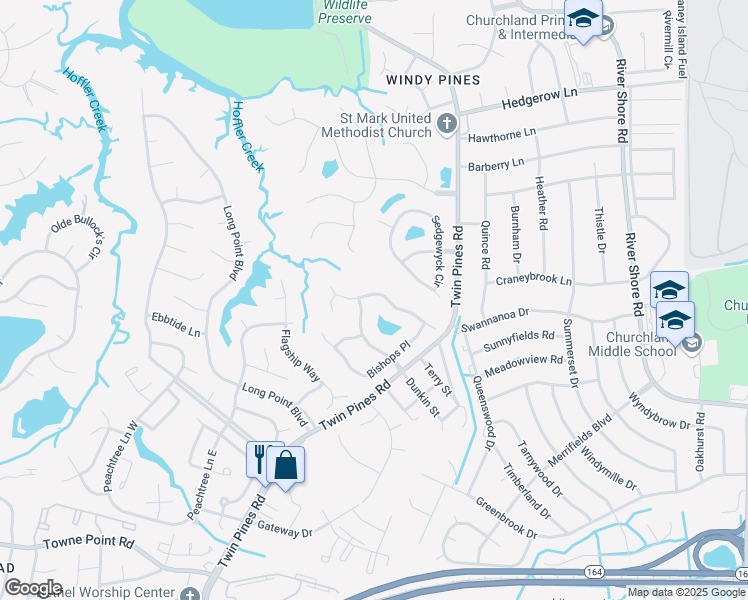 map of restaurants, bars, coffee shops, grocery stores, and more near 5943 Knightsbridge Way in Portsmouth