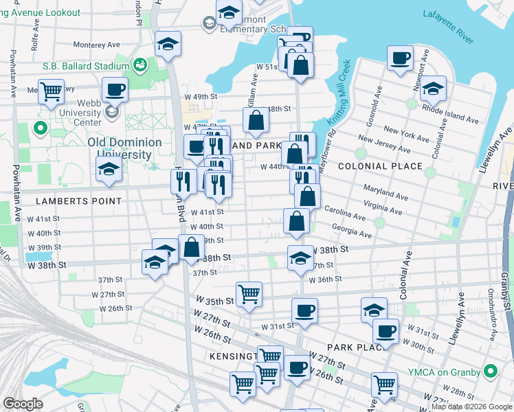 map of restaurants, bars, coffee shops, grocery stores, and more near 860 West 41st Street in Norfolk