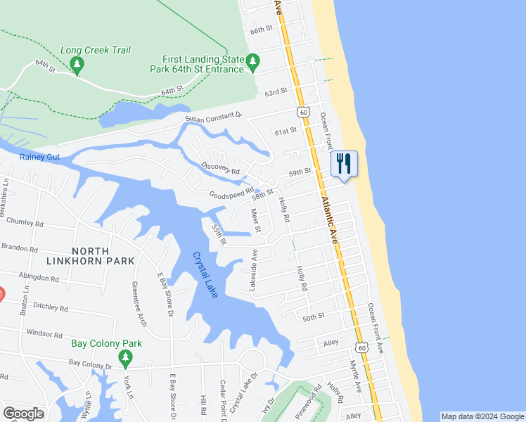 map of restaurants, bars, coffee shops, grocery stores, and more near 403 Masury Court in Virginia Beach