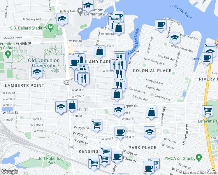 map of restaurants, bars, coffee shops, grocery stores, and more near 830 West 41st Street in Norfolk