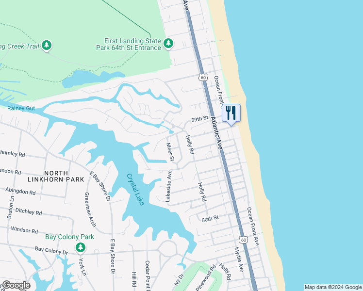 map of restaurants, bars, coffee shops, grocery stores, and more near 5603 Dawson Road in Virginia Beach