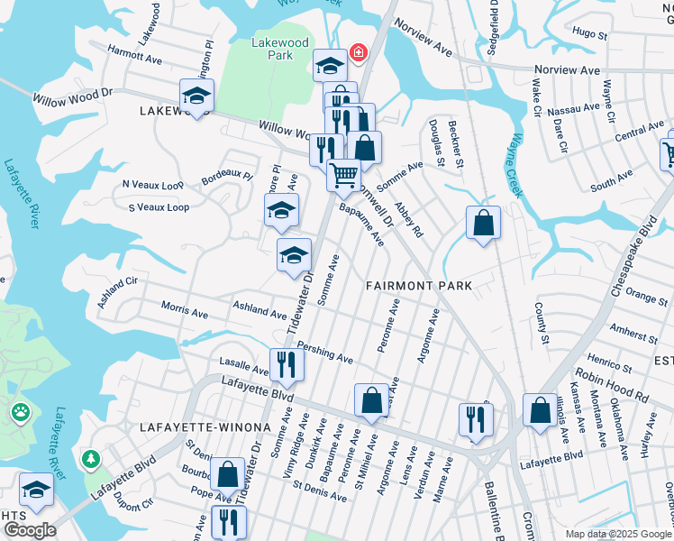 map of restaurants, bars, coffee shops, grocery stores, and more near 3416 Somme Avenue in Norfolk