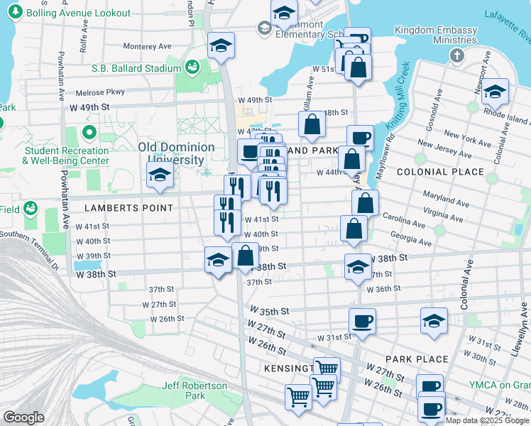 map of restaurants, bars, coffee shops, grocery stores, and more near 1055 West 41st Street in Norfolk