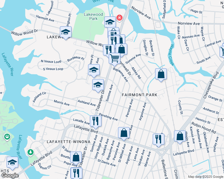 map of restaurants, bars, coffee shops, grocery stores, and more near 3416 Somme Avenue in Norfolk