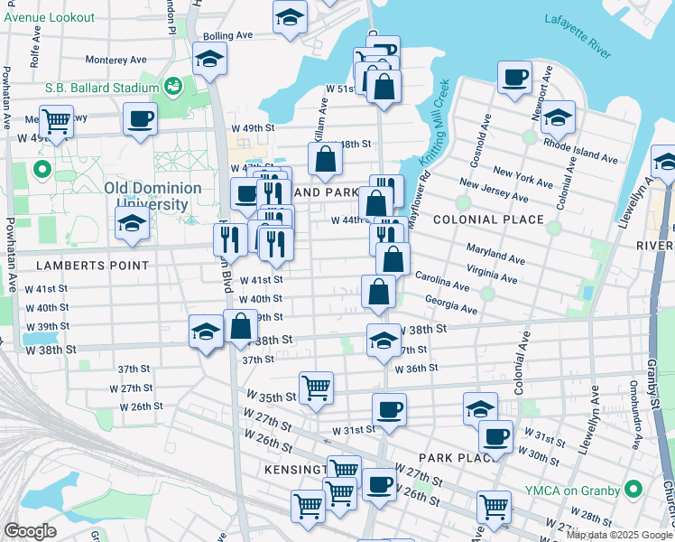 map of restaurants, bars, coffee shops, grocery stores, and more near 859 West 41st Street in Norfolk