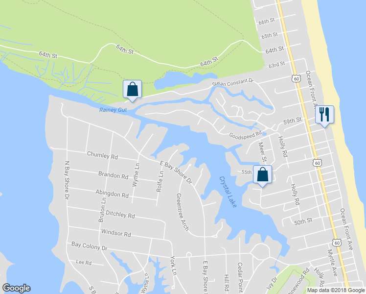 map of restaurants, bars, coffee shops, grocery stores, and more near 1344 East Bay Shore Drive in Virginia Beach